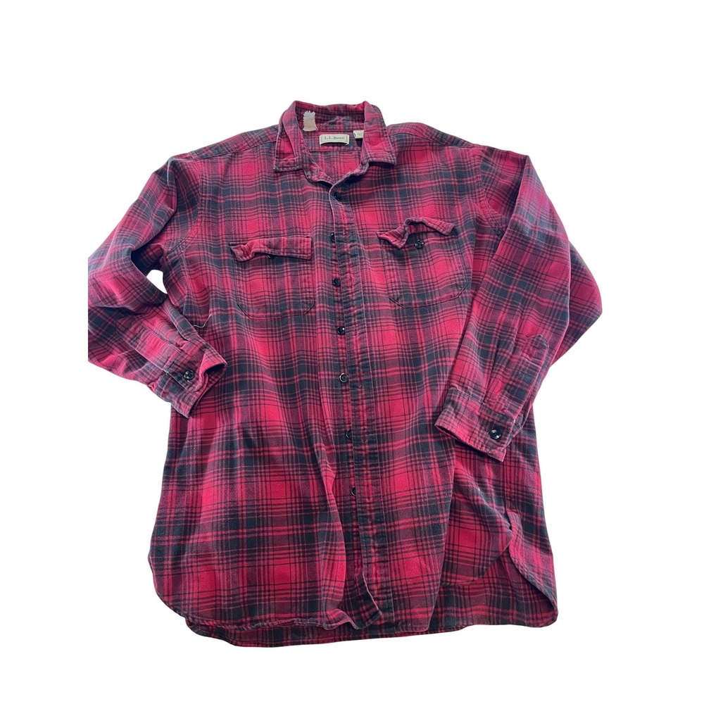 LL Bean Mens XL Tall Red Black Plaid Flannel Button Shirt Cotton Heavyweight